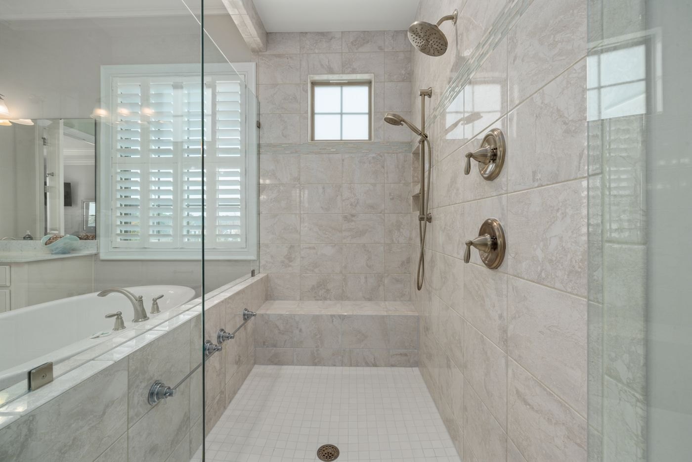 Bench, handheld shower, grab bar